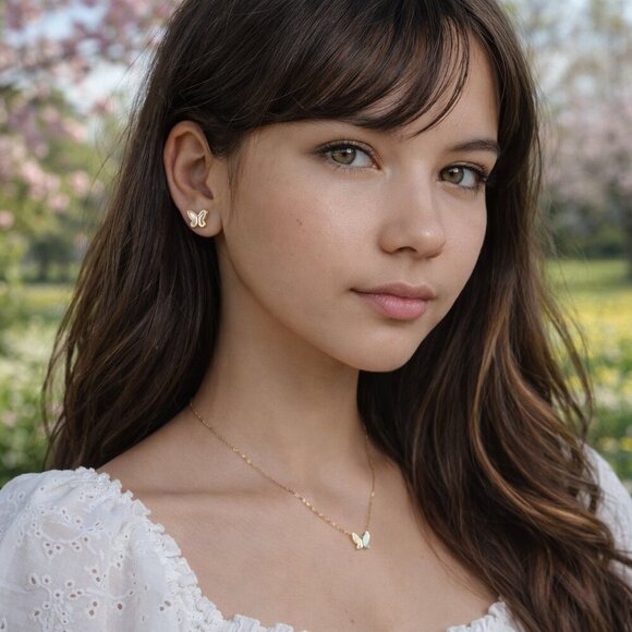 18K Gold Plated Mother Of Pearl Butterfly Necklace And Stud Earrings Set Spring - Picture 3 of 16